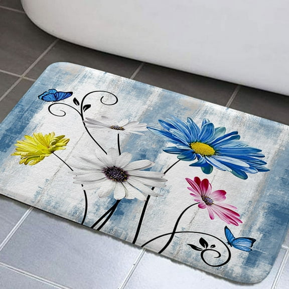 Farmhouse Blue Floral Bathroom Rugs, Farm Rustic Farmhouse and Butterfly on Country Wooden Bathroom Rugs Set, Blue Daisy Floral Bathroom Rug Mat 17x29inch, Extra Soft and Absorbent Bath Rugs