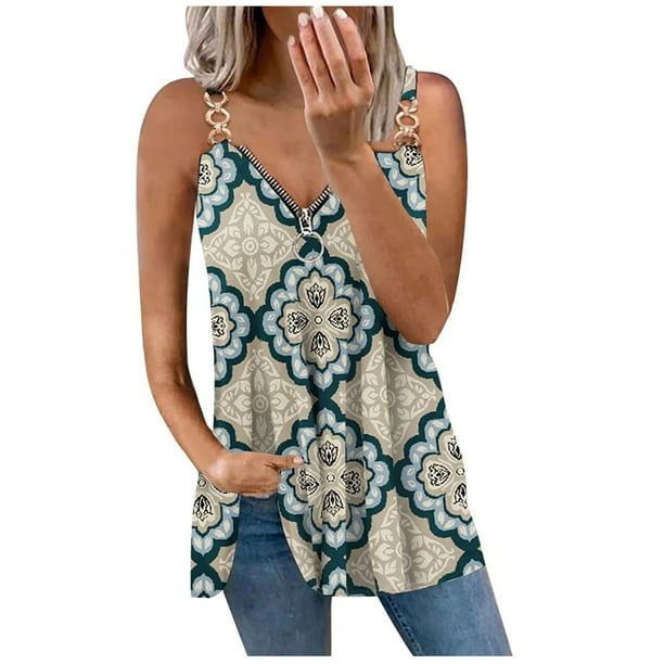 Moda mujer verano estampado cremallera sin mangas con cuello en V camisa chaleco Camis blusa Tops Fridja qr561