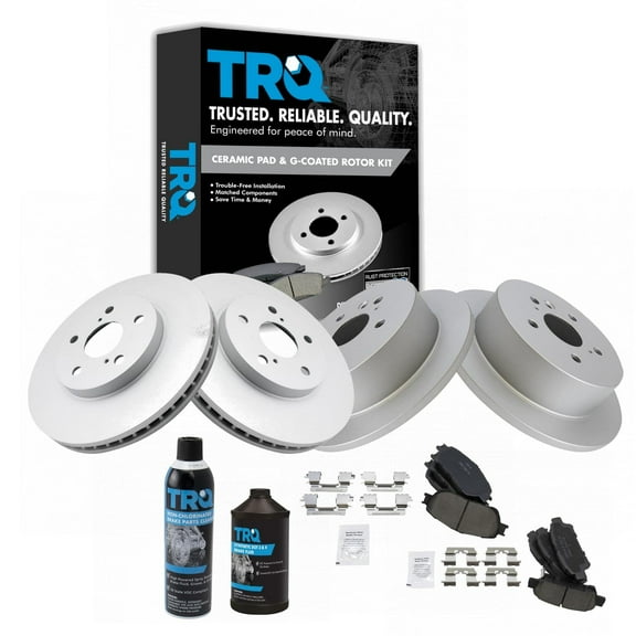 TRQ Brake Pad & Coated Rotor Premium Ceramic Front Rear Kit w/Fluids for Toyota BKA23062 Fits select: 2004-2010 TOYOTA SIENNA