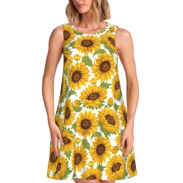 Fotbe Sunflowers Vestido de Verano sin Mangas para Mujer – Vestido Midi Línea A, Estilo Camiseta Floral, Vestido Playero Casual y Fluido