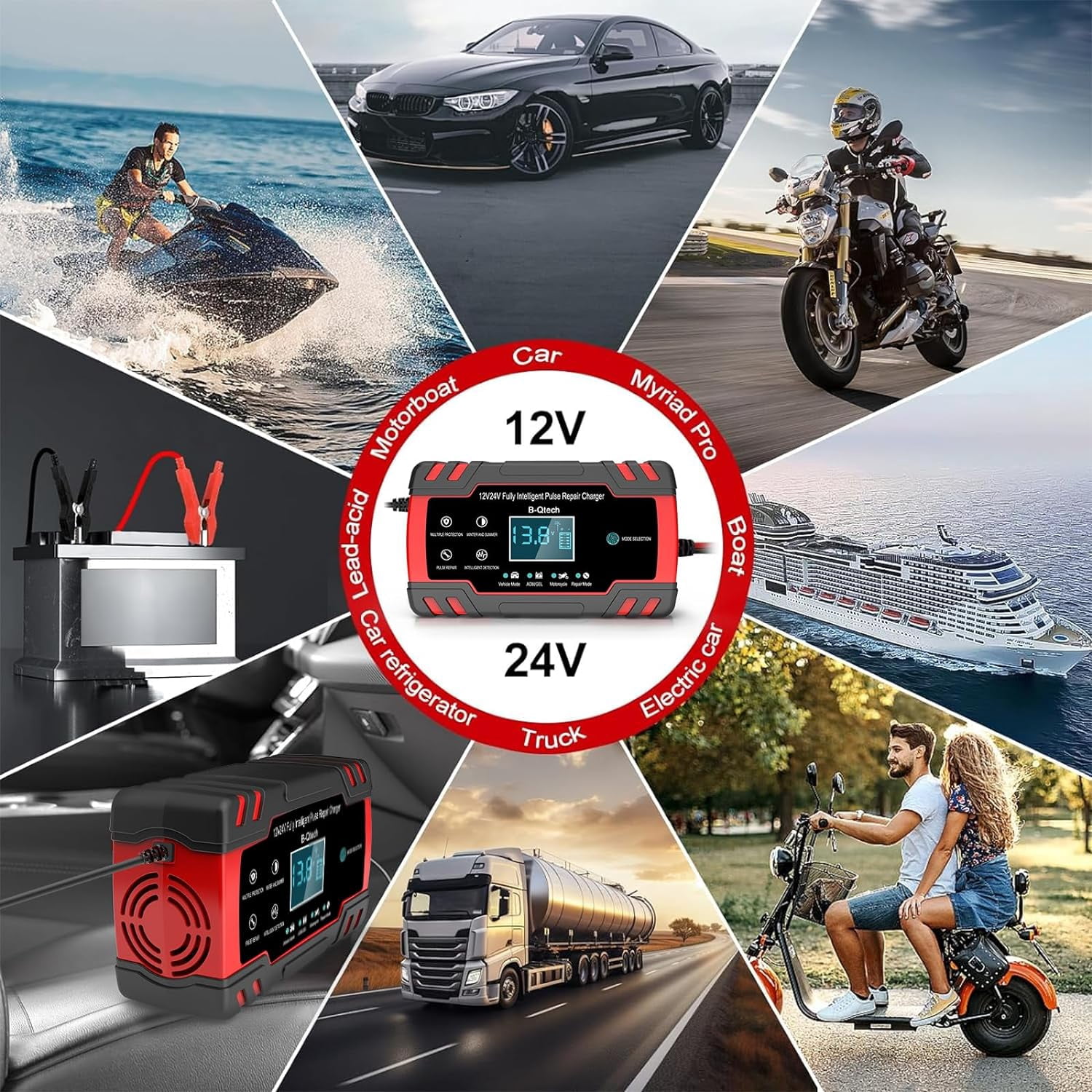 B-Qtech 12V/24V 2-150Ah Car Battery Charger, Repair Smart Automatic Charging for Car Motorcycle 110V-240V