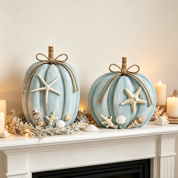 2 Pack Coastal Pumpkin Decor Fall Rustic Pumpkin Tabletop Decor Thanksgiving Wood Pumpkin Table Centerpiece Tabletop Ornaments for Home Shelf Mantel