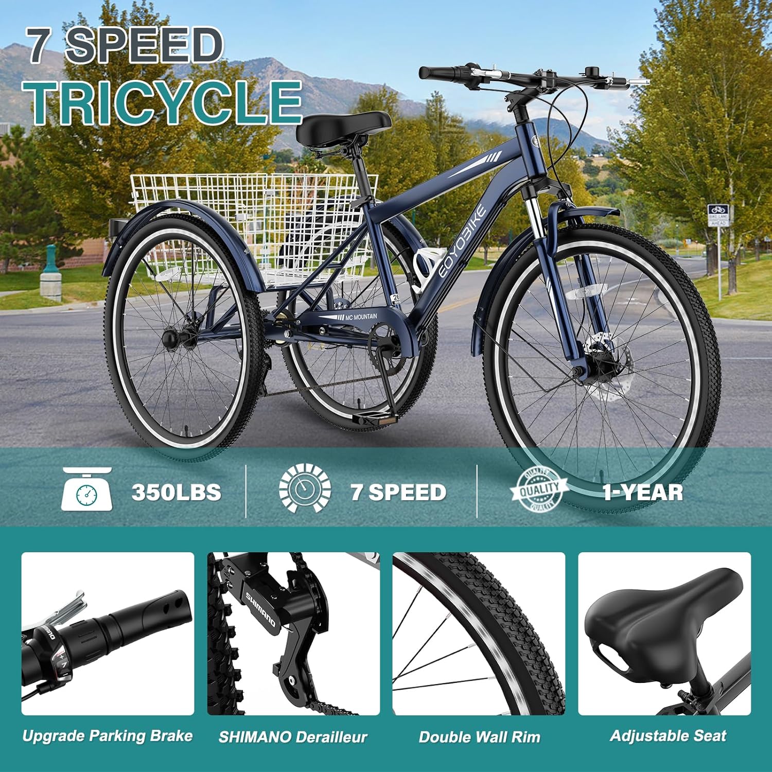 Lilypelle Mountain Tricycle for Adults, MTB 7 Speed Three Wheel Bike, 24/26/27.5 Inch Adults Trikes w/ Disc Brake & Cargo Basket for Women, Men, Seniors