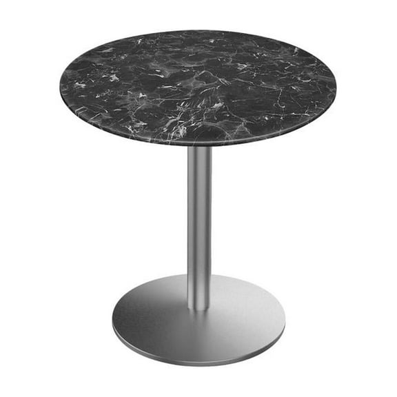 Indoor/Outdoor 30" Tall OD214 Stainless Steel Table Base with 22" Diameter foot and 32" Diameter Indoor/Outdoor Black Marble Top by the Holland Bar Stool Co.