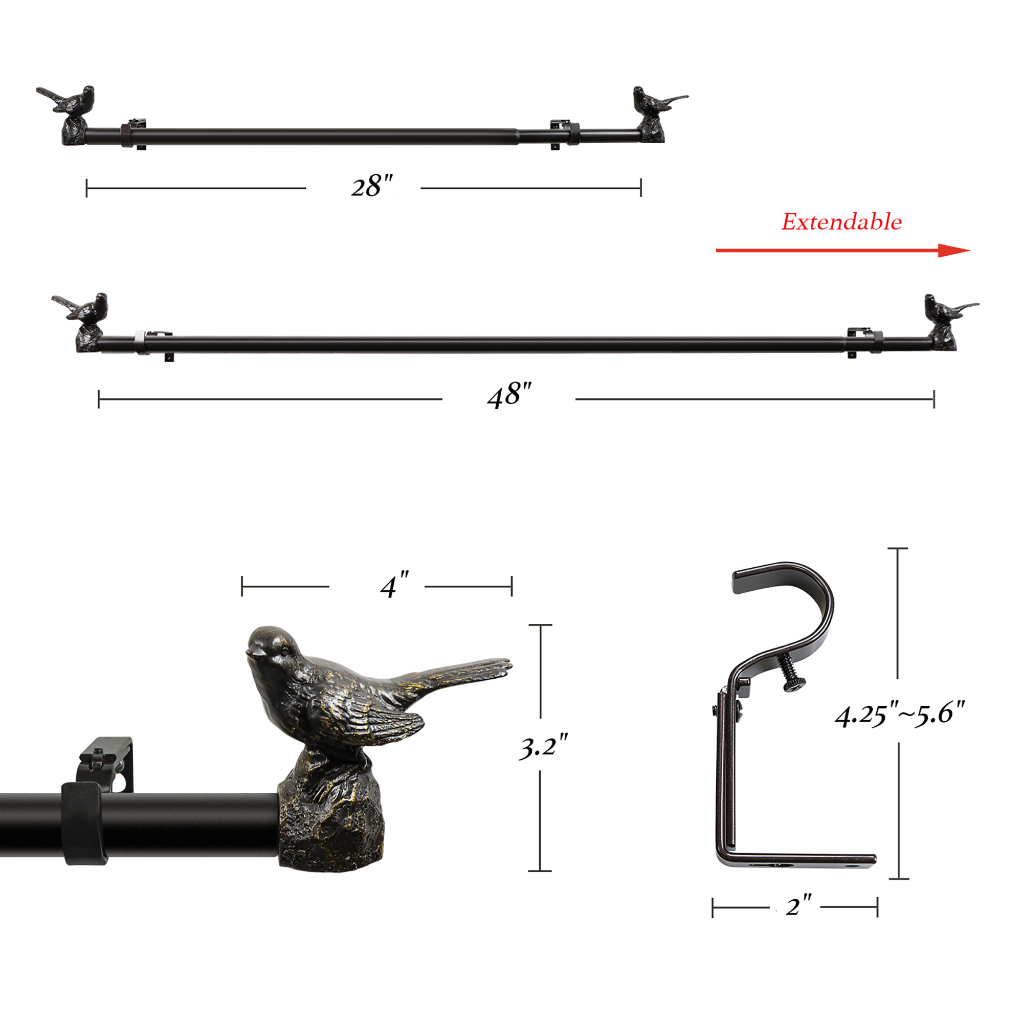 MERIVILLE 1" Single Curtain Rod Set, Adjustable 28-48 Inches, Bird Finials, Pewter