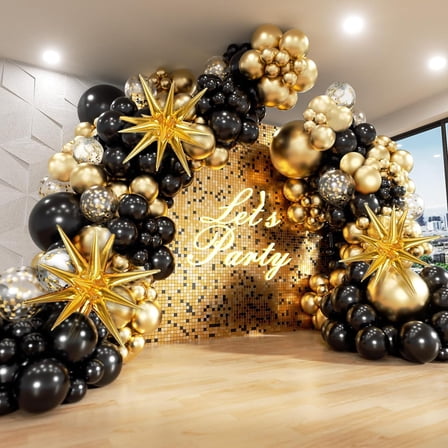 Black and Gold Balloons Garland Arch Kit, 5 10 12 18 Inch Black Gold Confetti Latex Balloons for Graduation New Year Anniversary Birthday Party Decorations