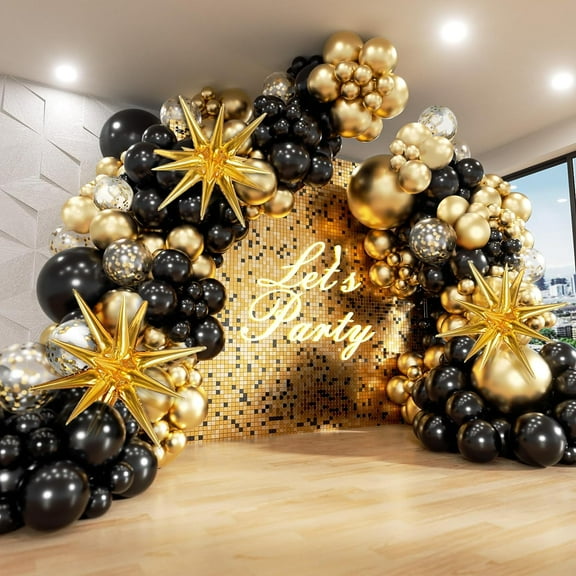 Black and Gold Balloons Garland Arch Kit, 5 10 12 18 Inch Black Gold Confetti Latex Balloons for Graduation New Year Anniversary Birthday Party Decorations