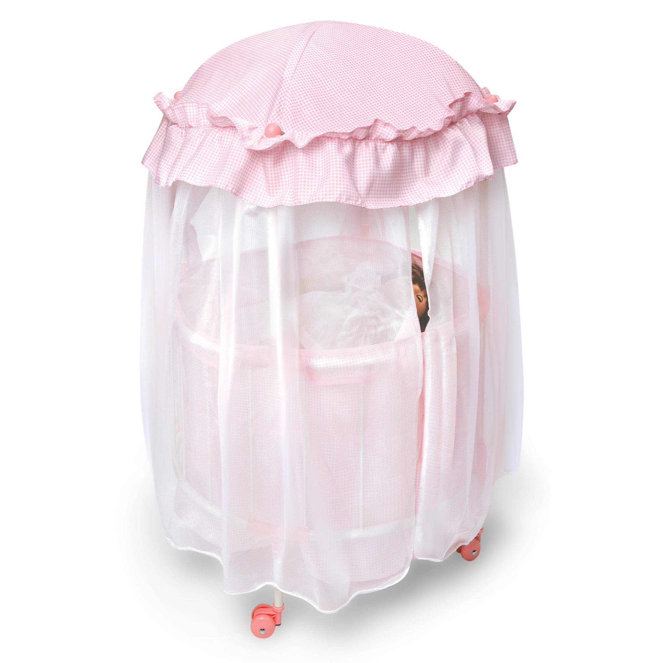 Royal Pavilion Round Doll Crib with Canopy and Bedding - Pink/White