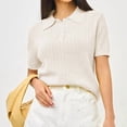 thumbnail image 4 of Women Hollow Knitted -Shirt Casual Short Sleeve Loose Lapel Solid Color Top White M, 4 of 9