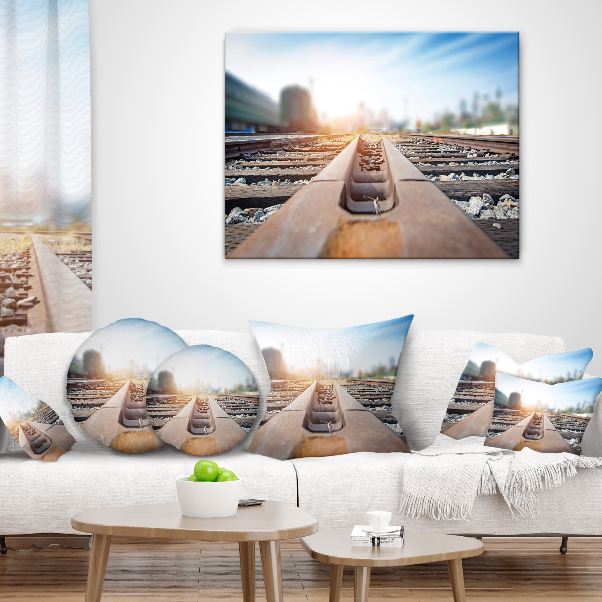 Designart Cargo Train Platform with Container - Landscape Photography Throw Pillow - 12x20