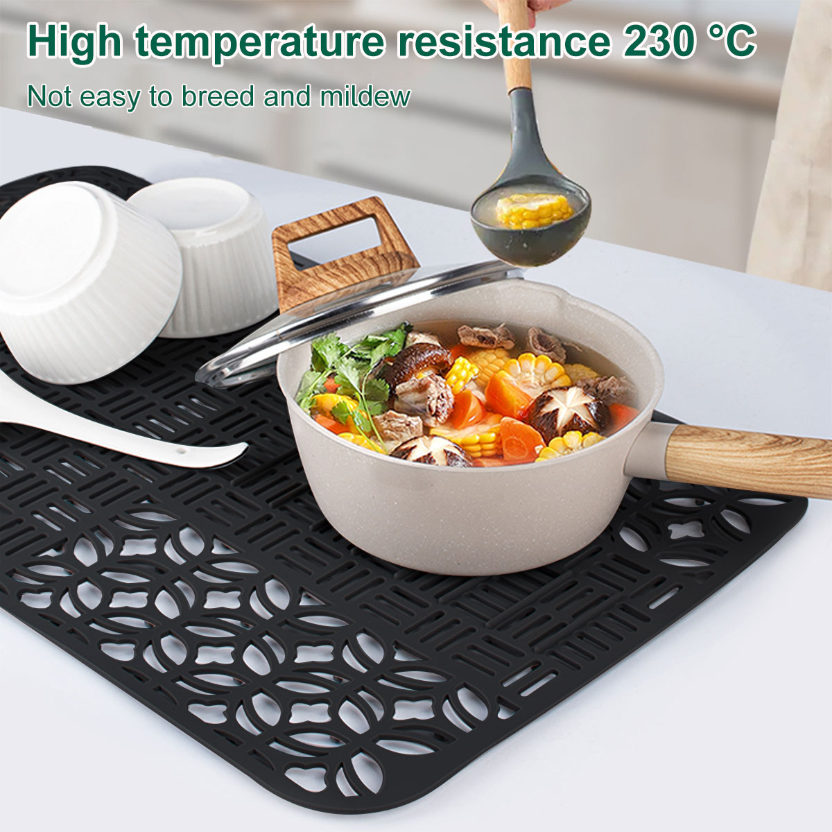 Silicone Sink Protectors with Drain Holes Heat-Resistant Sink Mat Protector Non-Slip Cuttable Sink Liner Mat Reusable Kitchen Sink Pad Durable Sink Drainer Mat for Farmhouse Home Kitchen Sink 66×35cm