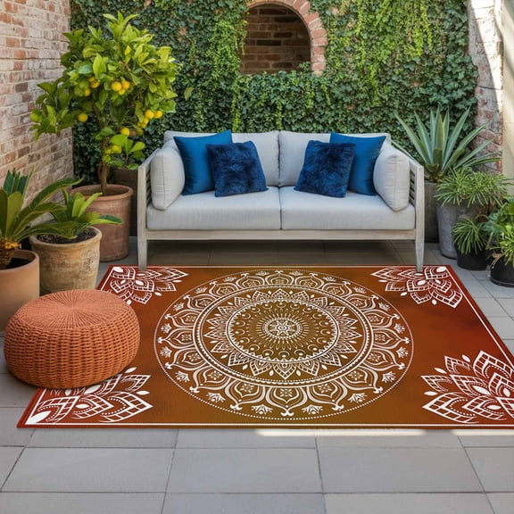 Outdoor Rug 3x5 ft Orange Boho Outdoor Large Area Rug Non Slip Rubber Gorgeous Bohemian Flower Front Door Mat RV Rug Camping Carpet Patio Outdoor Rugs for Backyard Balcony Deck Porch Indoor