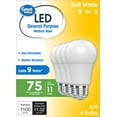 thumbnail image 2 of Great Value A19 LED Light Bulbs, 75 Watts Eqv, Soft White, General Purpose, 9yr, Medium Base, 4 pack, 2 of 9