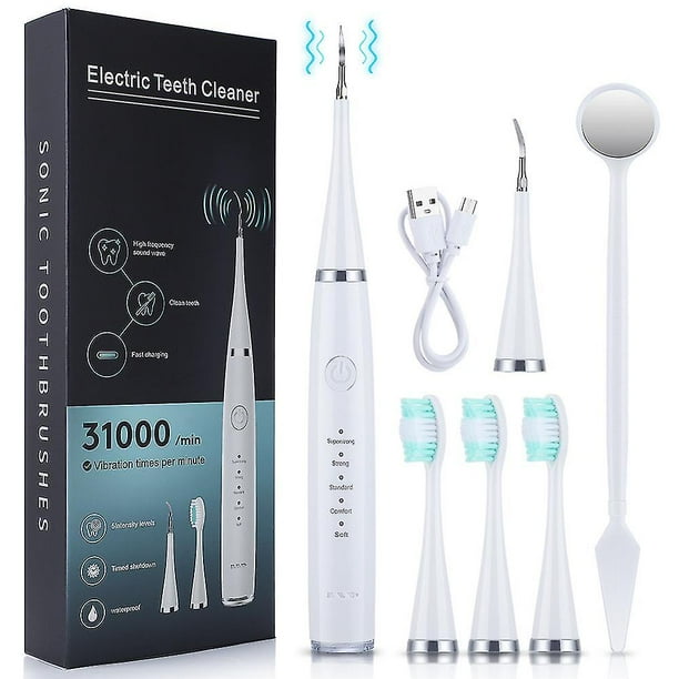 Escalador dental, kit de escalador dental, removedor de sarro dental con 3 cabezales de repuesto, juego de espejo dental de cepillo de dientes de limpieza de sarro blanco Feliz Sencillez