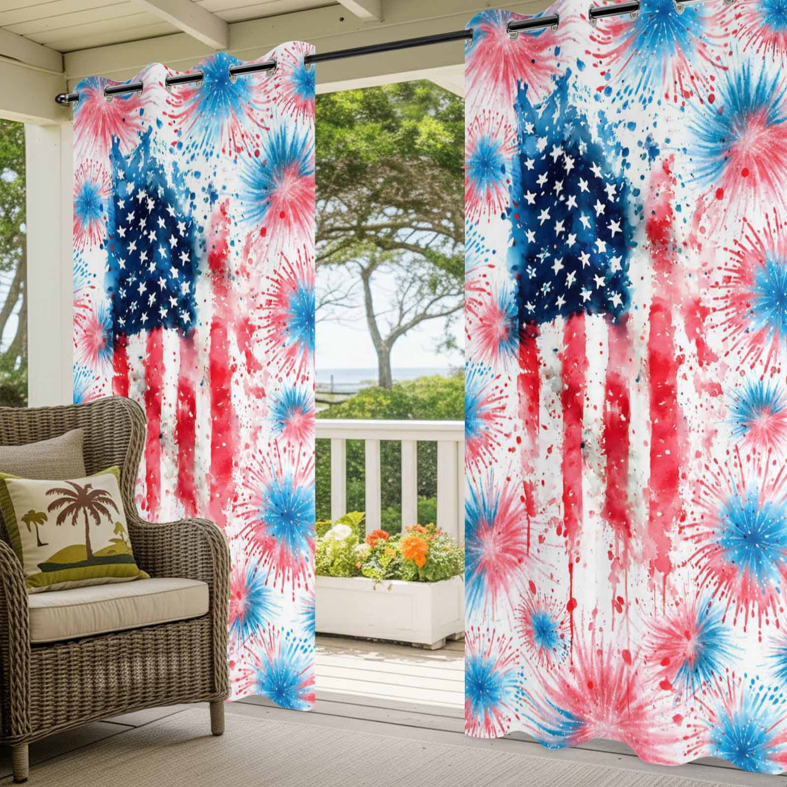 Independence Day Firework Outdoor Curtains for Patio, Abstract American Flag Red Blue Star Sunshade Privacy Drapes Grommet Waterproof Outside Curtains for Porch/Cabana/Balcony 54"x 108", 1 Panel