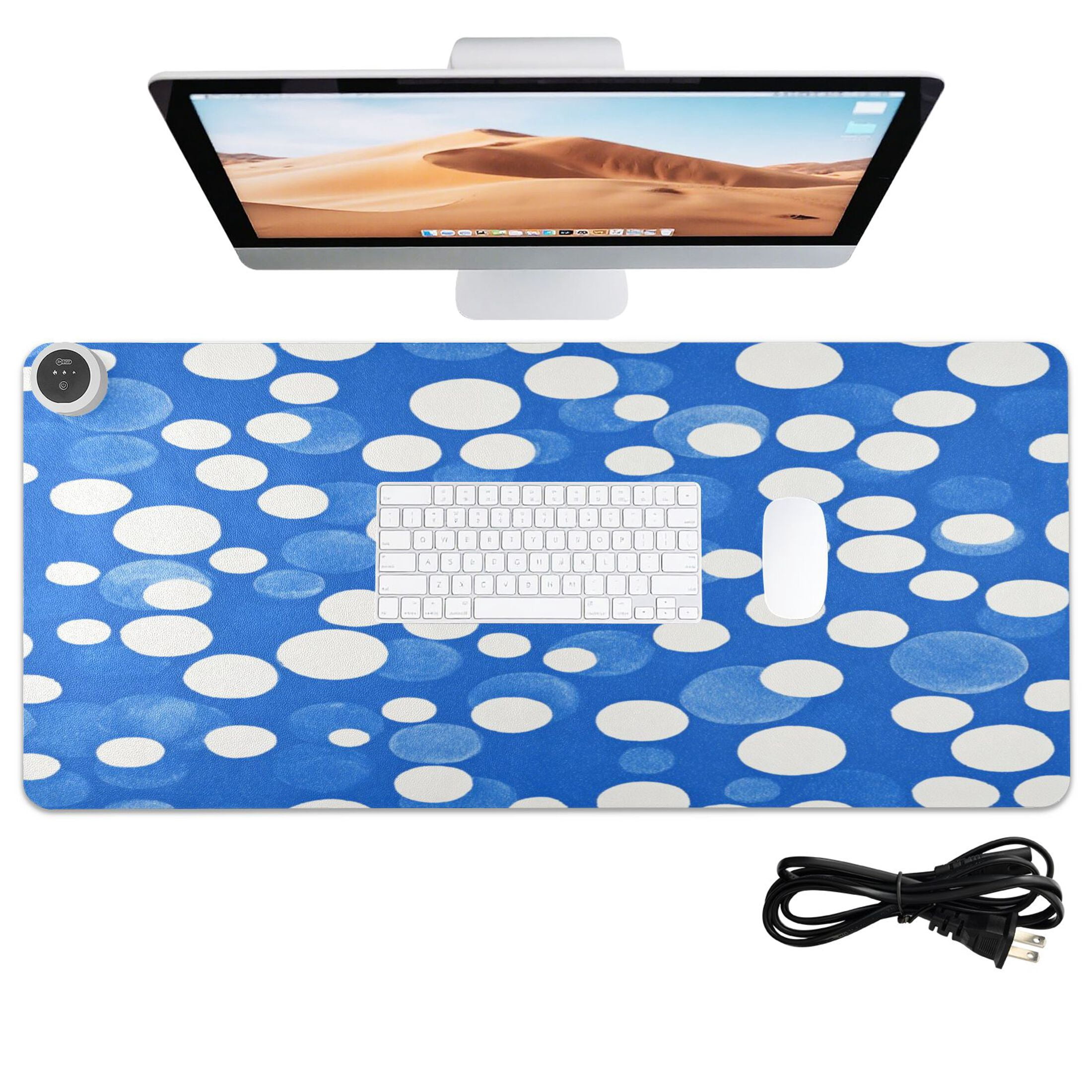 Large Heated Desk Mat Mouse Pad 31.5"x13"PU Leather Graphene Heating Desk Warmer with 3 Temperature Settings 110V US Plug Non-Slip Warm Pad for Home, Office, and Gaming Blue White Polka Dot