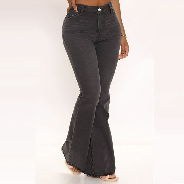 Entyinea Women's Flare Jeans Casual Plus Szie High Waisted Stretchy Denim  Pants Grey XL 