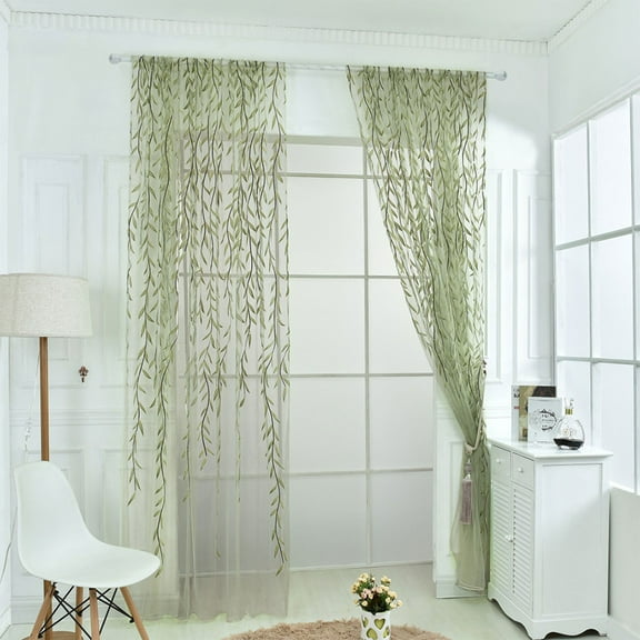 Willow Leaf Window Curtain,Voile Panel Drapes Curtain, Green Willow Leaf Curtain, for Living Room, Bedroom, Balcony,39x102"