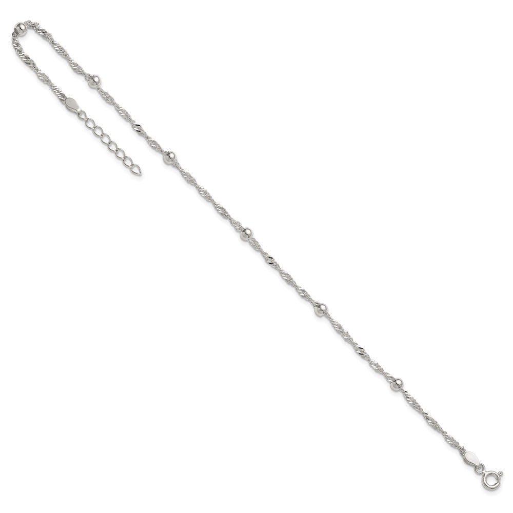 Sterling Silver Polished and Beaded 6-Station Fancy Link 9 inch with 1 inch Extension Anklet