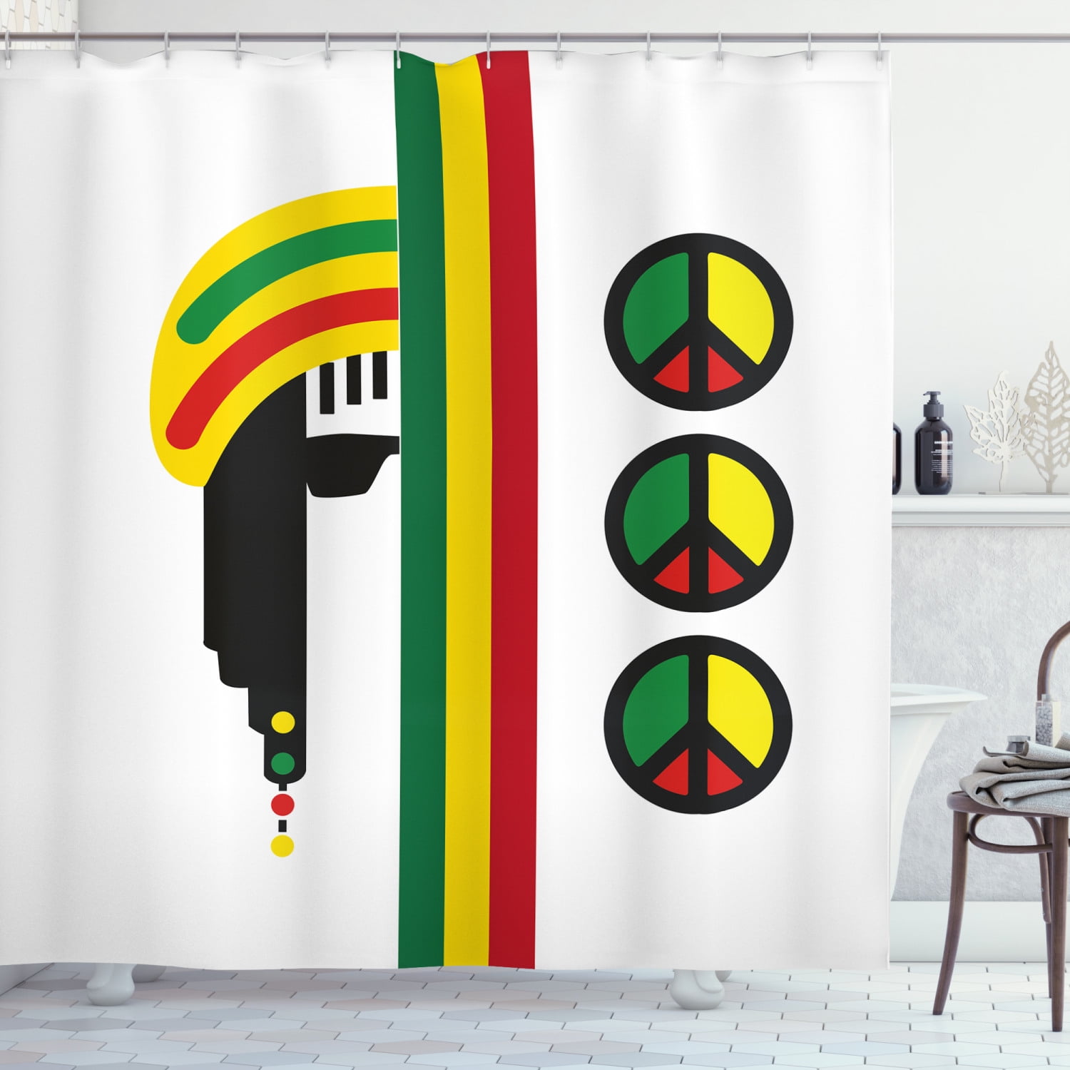 Jamaican Shower Curtain, Abstract Minimalist Rastaman with Peace Symbols Caribbean Culture
