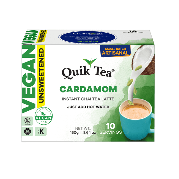 QuikTea Instant Unsweetened Vegan Cardamom Chai Tea Latte – 10 Count, Warm and soothing Cardamom Flavor, low Caffeine, no artificial colors, flavors or preservatives – Just Add Hot Water, non-GMO