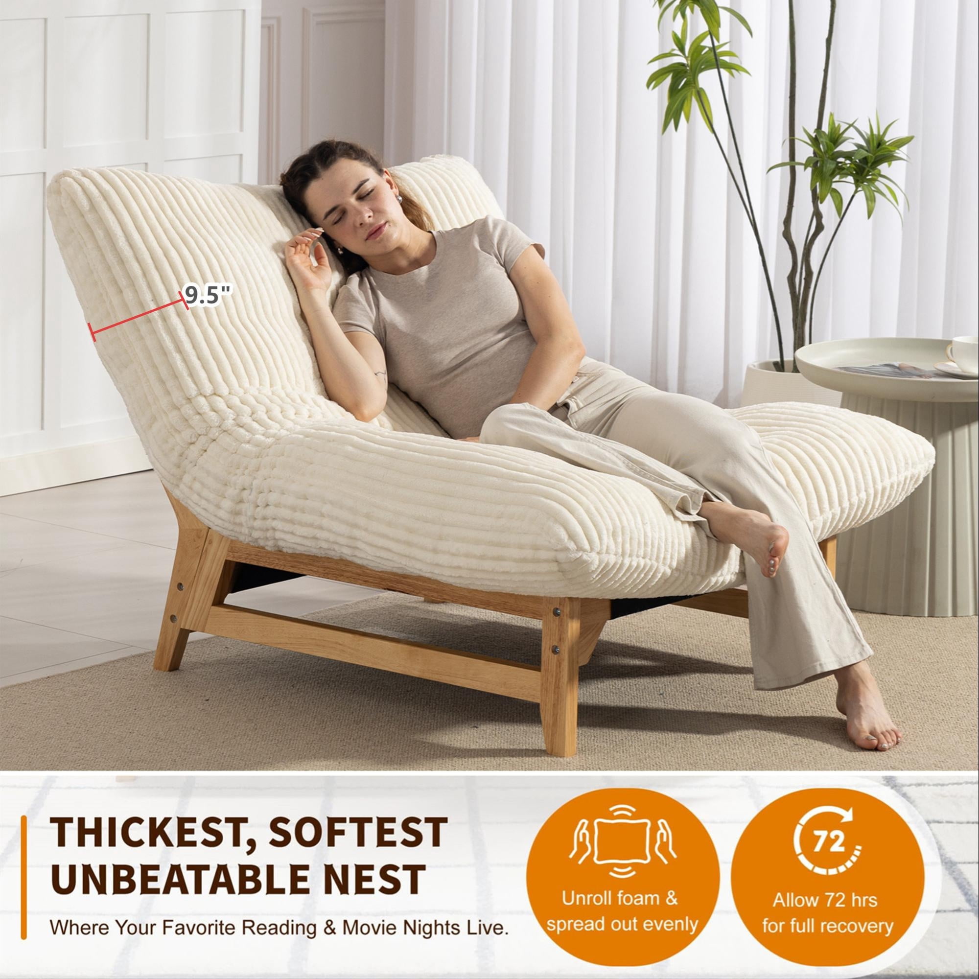 Aukfa Oversized Chaise Lounge Indoor Chair for Living Room Bedroom, Wood Frame, Corduroy, Beige