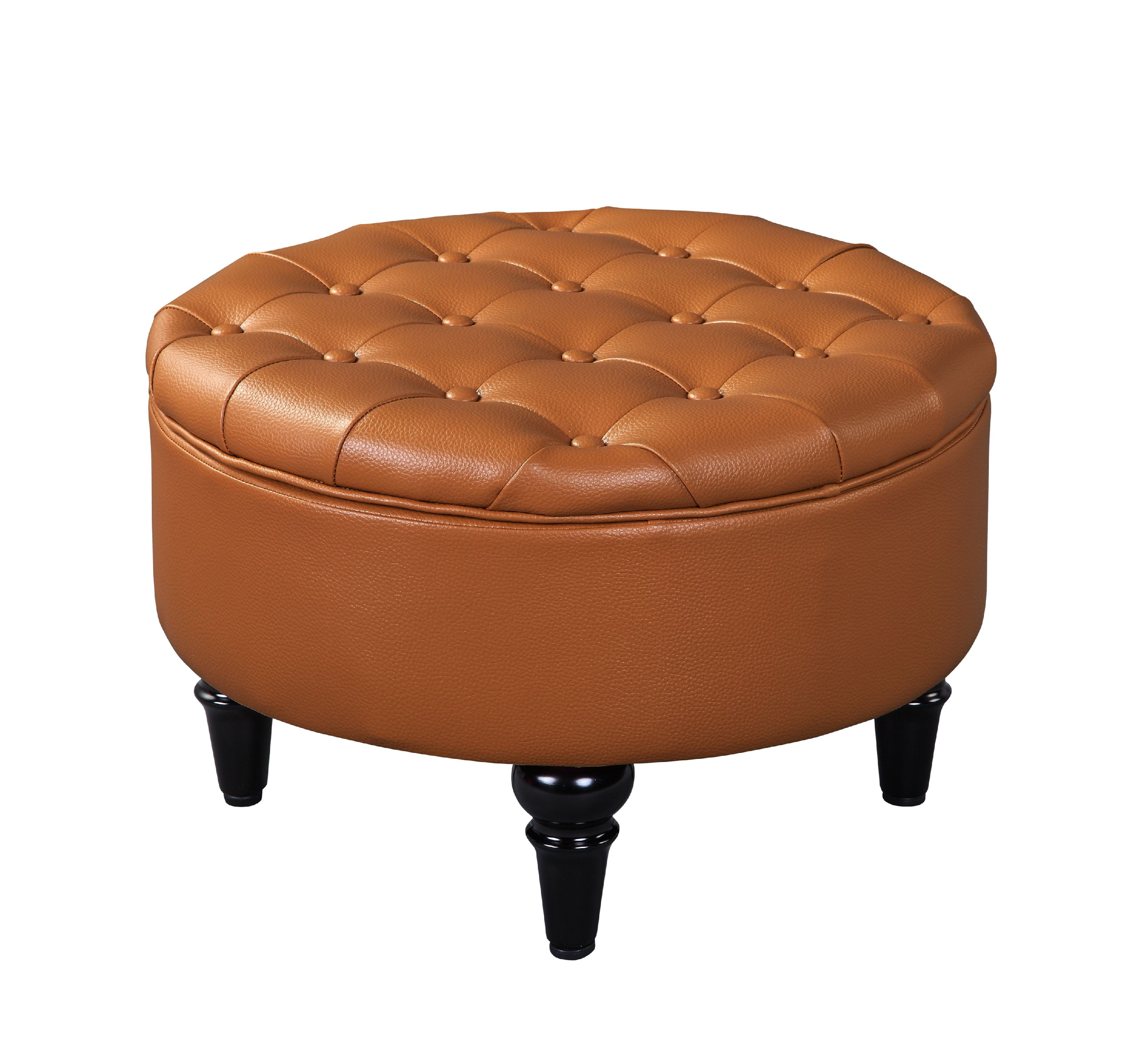 Round Storage Ottoman Footstool Brown, Round Leather Ottoman With Storage