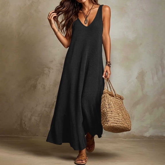 Women's Solid Color V-Neck Sleeveless Knit Sweater Dress, Lightweight Casual Midi