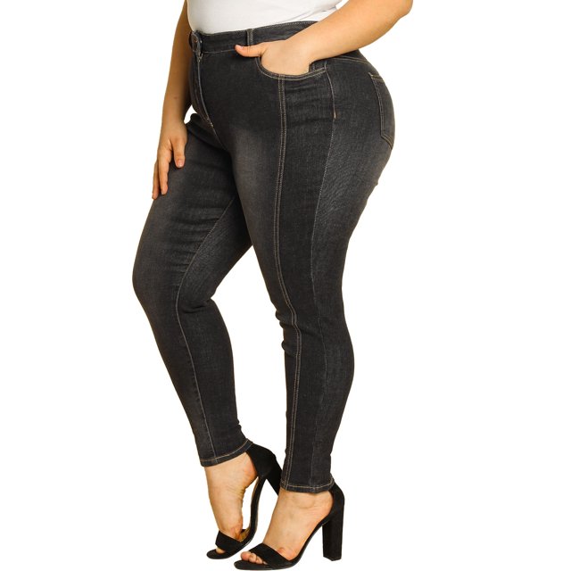 Unique Bargains Women's Plus Size Stretch Mid Rise Washed Skinny Jeans