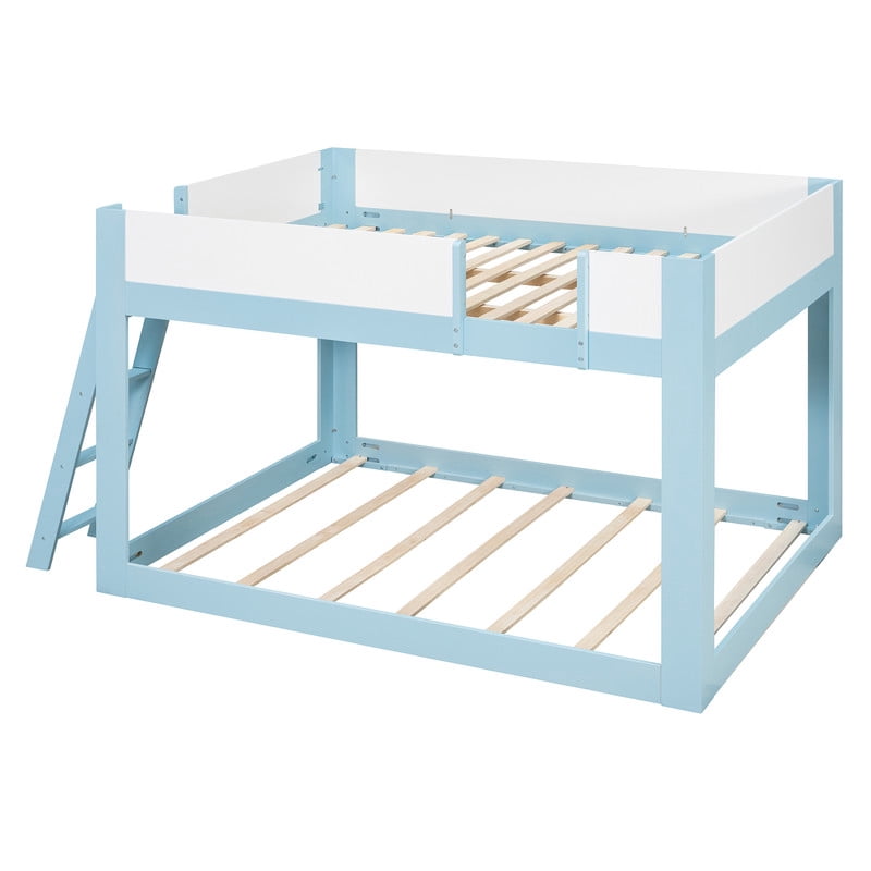 Queen-Over-Queen Low-Profile Bunk Bed with Guardrails, Wooden Kids Bed with Reversible Ladder, Accent Two-Tone Bed Frame