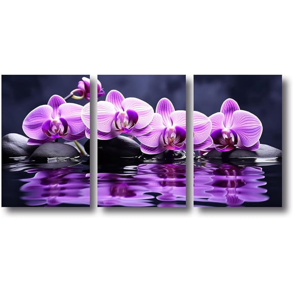 ZHONGYUTONG Zen Bathroom Wall Art 3 Pieces Purple Orchid Stones on Water Picture Prints Spiritual Relaxing Canvas Poster Spa Artwork Meditation Room Decor (11.00" x 14.00" x 3PCS)