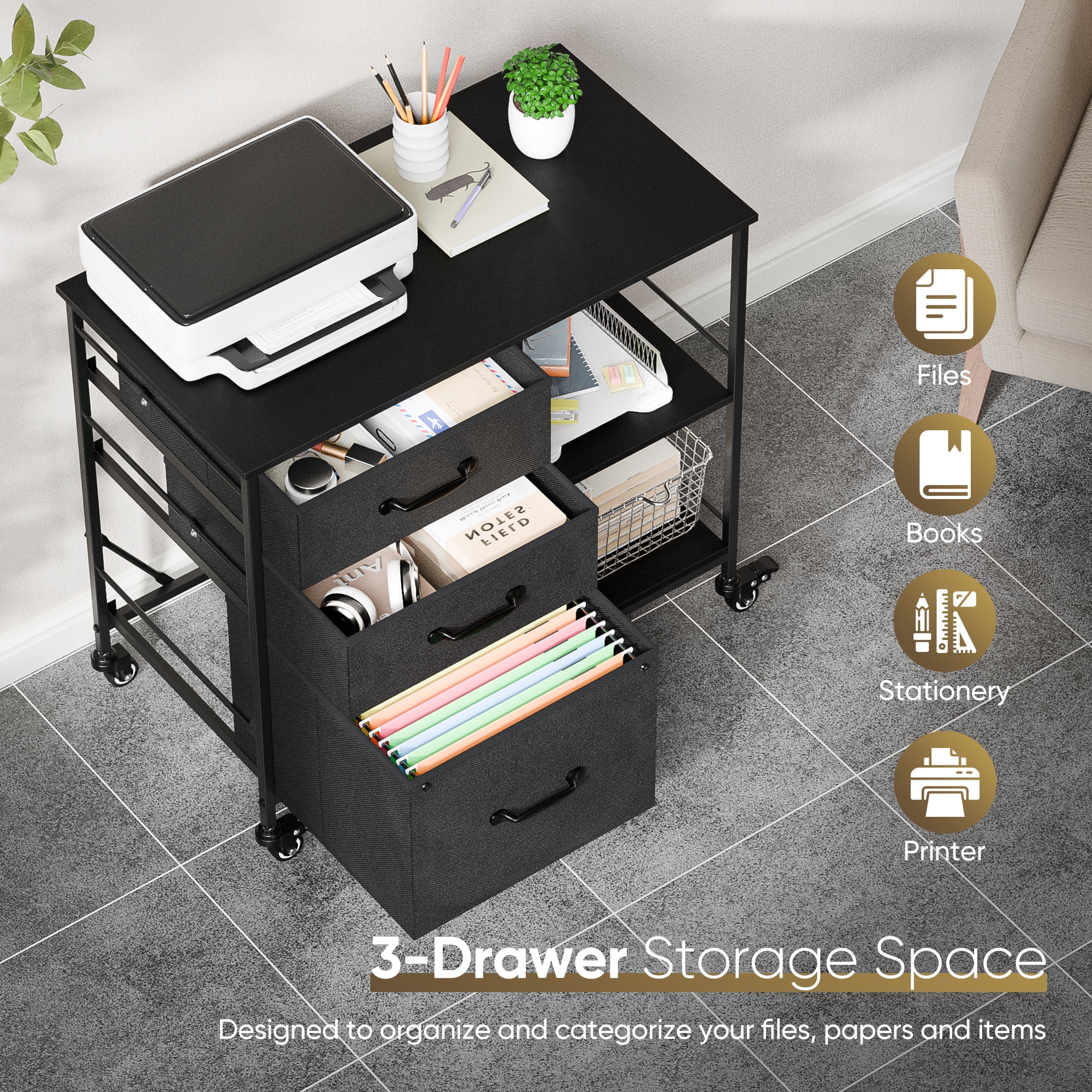 HomGarden Mobile File Cabinet, 3 Drawer Fabric Lateral Filing Cabinet fits A4, Letter Size, Printer W/Open Shelf & Lockable Wheels for Home Office, Gray