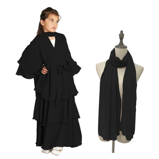 Traje de falda para niños y niñas, Festival musulmán de Ramadán, color sólido, manga larga, cuello en V, vestido flotante de gasa de tres capas, ropa para niños, vestido elegante, vestido de poliéster