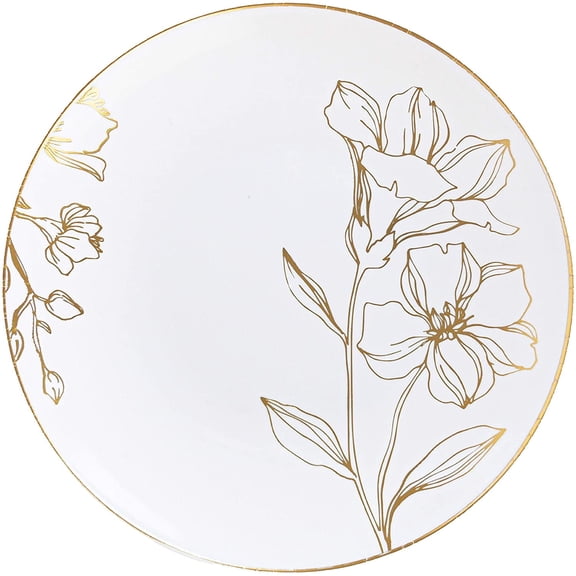 PLASTICPRO 6” White & Gold Disposable Plates Floral Fancy Plastic Plates, 10-Pack