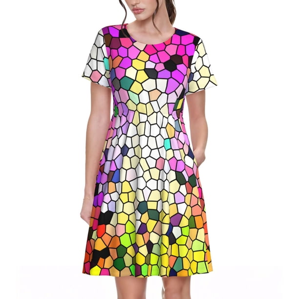 Easygdp Colorful Tie Dye Stained Glass 3 para Vestido Transpirable de Mujer, Vestido Suelto de Manga Corta con Pliegues y Bolsillos para el Verano