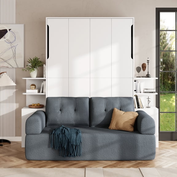 Harper & Bright Designs Queen Size Murphy Bed with Sofa, Wood Chest Wall Bed Frame with Storage Cabinets for Small Bedroom, Home Office, Guest Room, White gray