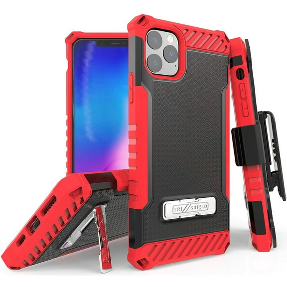 Case with Clip for iPhone 11 Pro, Tri-Shield [Military Grade] Rugged Cover with Metal Kickstand [Includes Wrist Strap Lanyard   Belt Hip Holster] for Apple iPhone 11 Pro (2019, 5.8" Model)