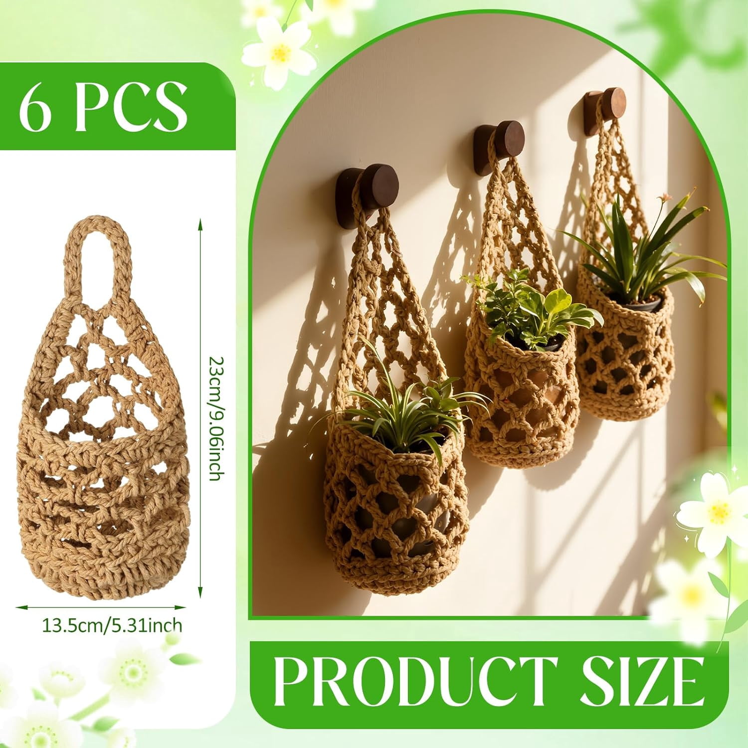 6 Pk Wall Planters for Indoor Macrame Plant Hanger Boho Wall Mounted Flower Baskets Hanging Planter, Plants and Pots are Not Included(Linen Color,4 x 8 Inch)