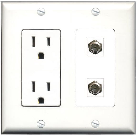 RiteAV - 15 Amp Power Outlet 2 Port Coax Cable TV- F-Type Decorative Type Wall Plate White