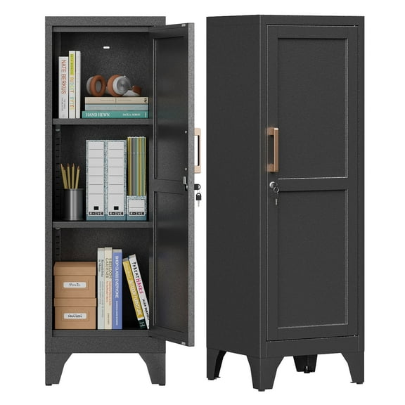 46"H Black Metal Locker with 1 Lockable Door and 2 Adjustable Shelves For Employees, 3 Tier Small Storage Cabinet with Detachable Legs and Vintage Handle for Kitchen,Office,Gym,School,Easy Assembly