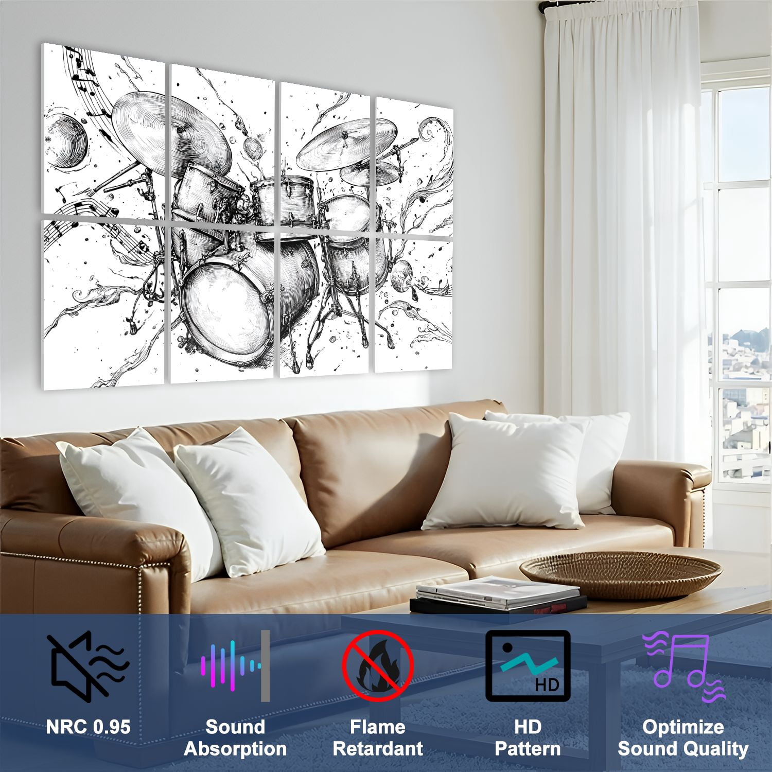 8 Pack Art Acoustic Panels Sound Absorbing Whimsical Drum Set Sketch Flowing Musical Notes Decorative Soundproof Wall Panels Self Adhesive for Nursery Game Room Bedroom 48"x32"