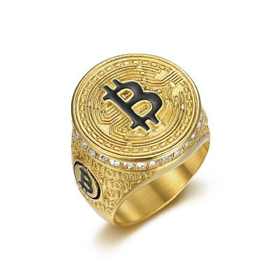 MayiaHey Bitcoin Sign Ring, Bling Money Sign Ring for Men, Gold BitCoin Symbol Ring Iced Out Bitcoin Jewelry, Gold Money Luck Sign Ring Rock Money Symbol Ring Punk Initial Letter Ring