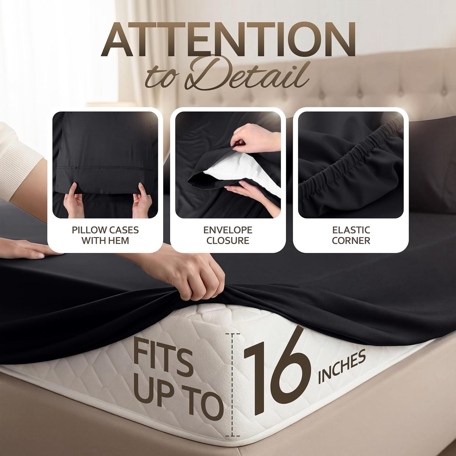 Beddora King Size Bed Sheet Set in Black– 4 Piece Microfiber Sheets, Ultra-Soft, Deep Pocket, Wrinkle-Resistant, Easy Care, Adult
