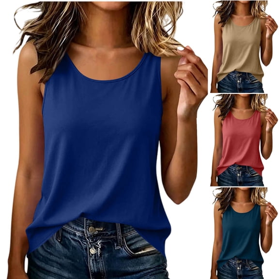 Tank Tops for Women, Crew Neck Sleeveless Solid Loose Shirts, Breathable Comfort Tops, Summer Lounge Fitness Wear | VerBelle,Blue L