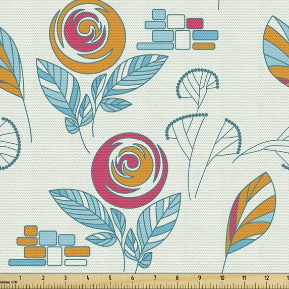 Flower Fabric by the Yard, Circular Blossoms Herbs Leaves and with Geometrical Elements, Decorative Upholstery Fabric for Chairs & Home Accents, Pale Blue Orange by Ambesonne
