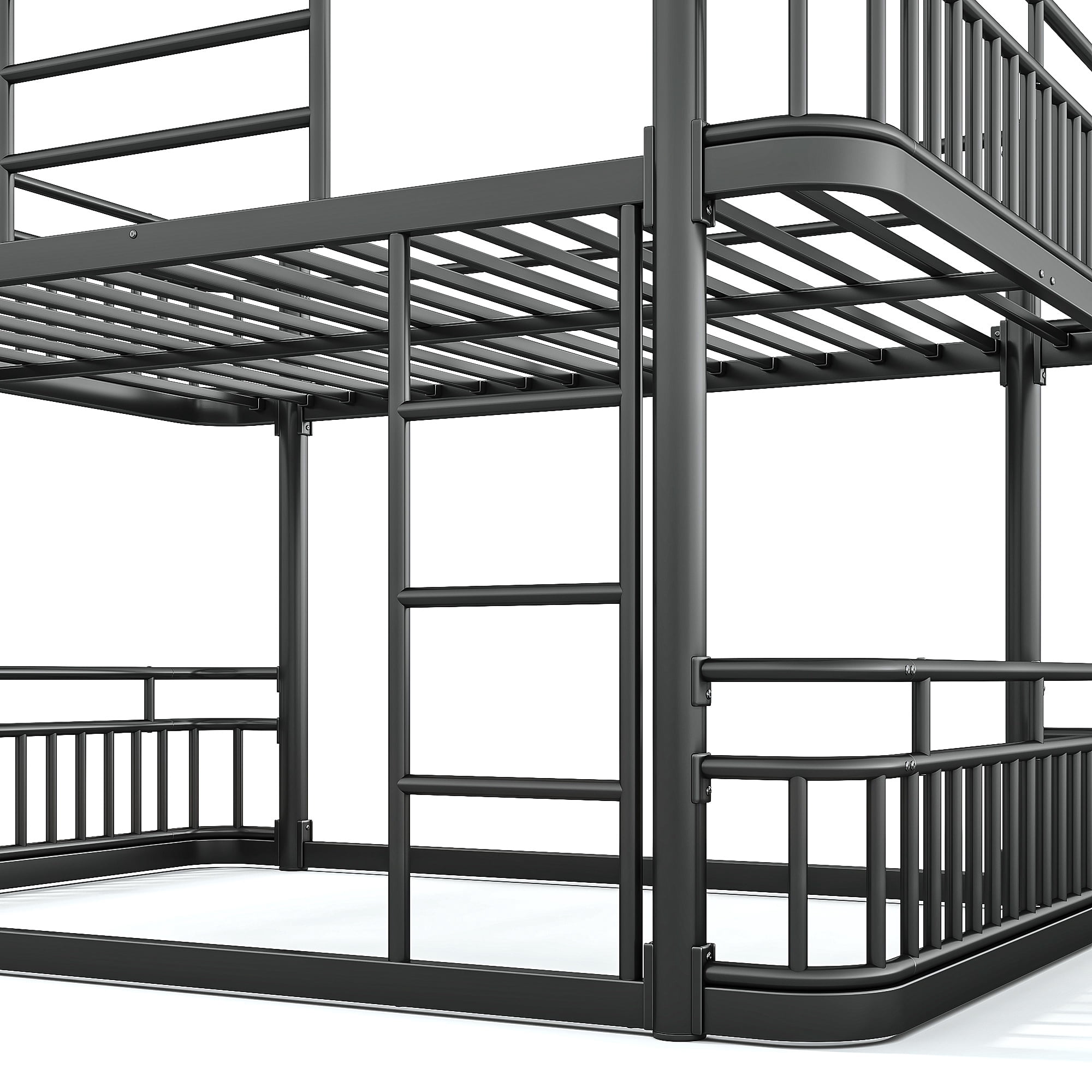 Queen Over Queen Bunk Bed 81.5 Inch, Metal Bed Frame with Ladder and Guardrails for Kids Teens Adults, Sturdy Round Pipe Construction, No Box Spring Needed, Black