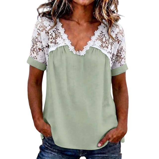 Fewfanhot Womens Tops Trendy Lace Basic V-Neck T-Shirts Short Sleeve Loose Fitting Tunic Tank Tops