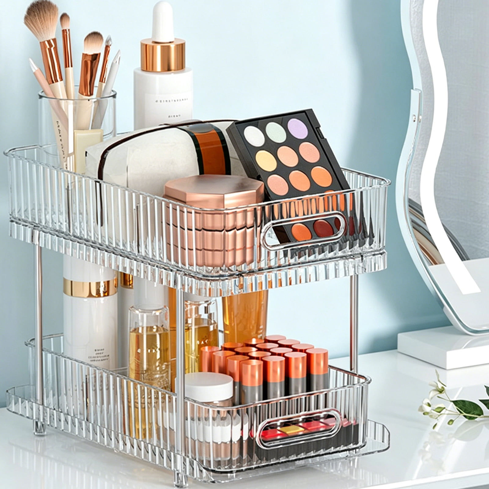 Kisportee 2 Pack Pull Out Bathroom Under Sink Organizers and Storage, 2 Tier Stackable Kitchen Pantry Organization, Medicine Cabinet Organizer with Movable Dividers, Clear