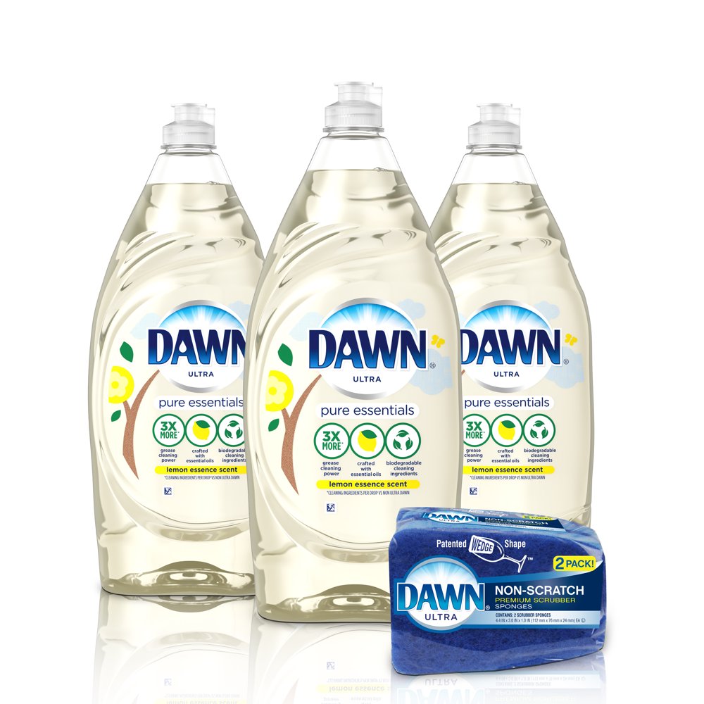 Dawn Pure Essentials Liquid Dish Soap, Lemon Essence, 3 Ct, 24 Oz and Dawn NonScratch Sponge 2