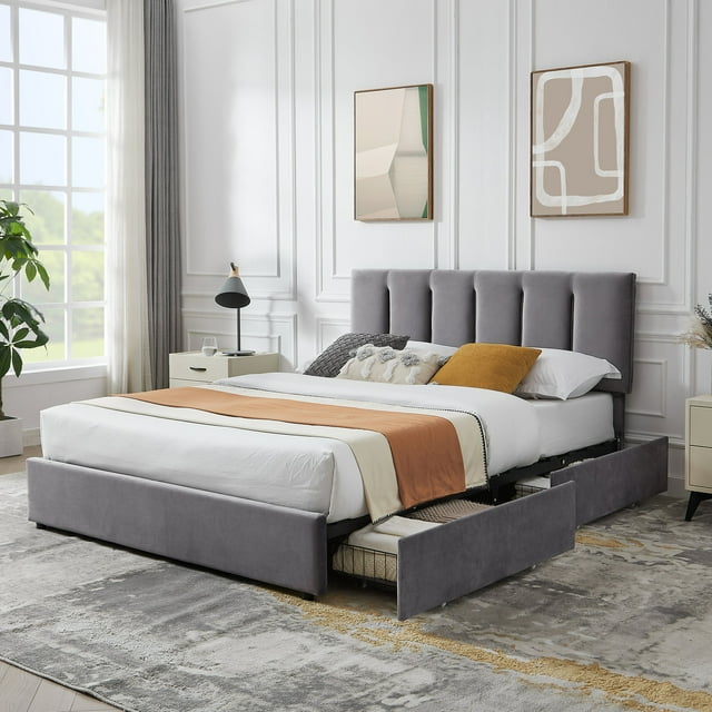 VECELO Full Size Bed Frame with 4 Storage Drawers, Modern Upholstered Platform Bed with Adjustable Headboard, Wood Slat Support/Easy Assembly, Dark Gray